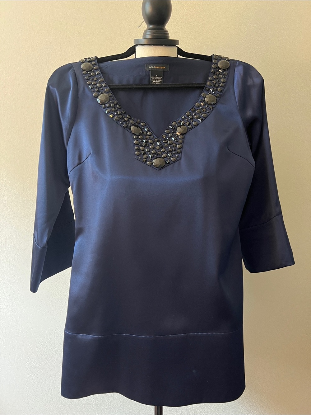 BCBGMaxAzria Navy Satin Tunic with Beaded V-Neck